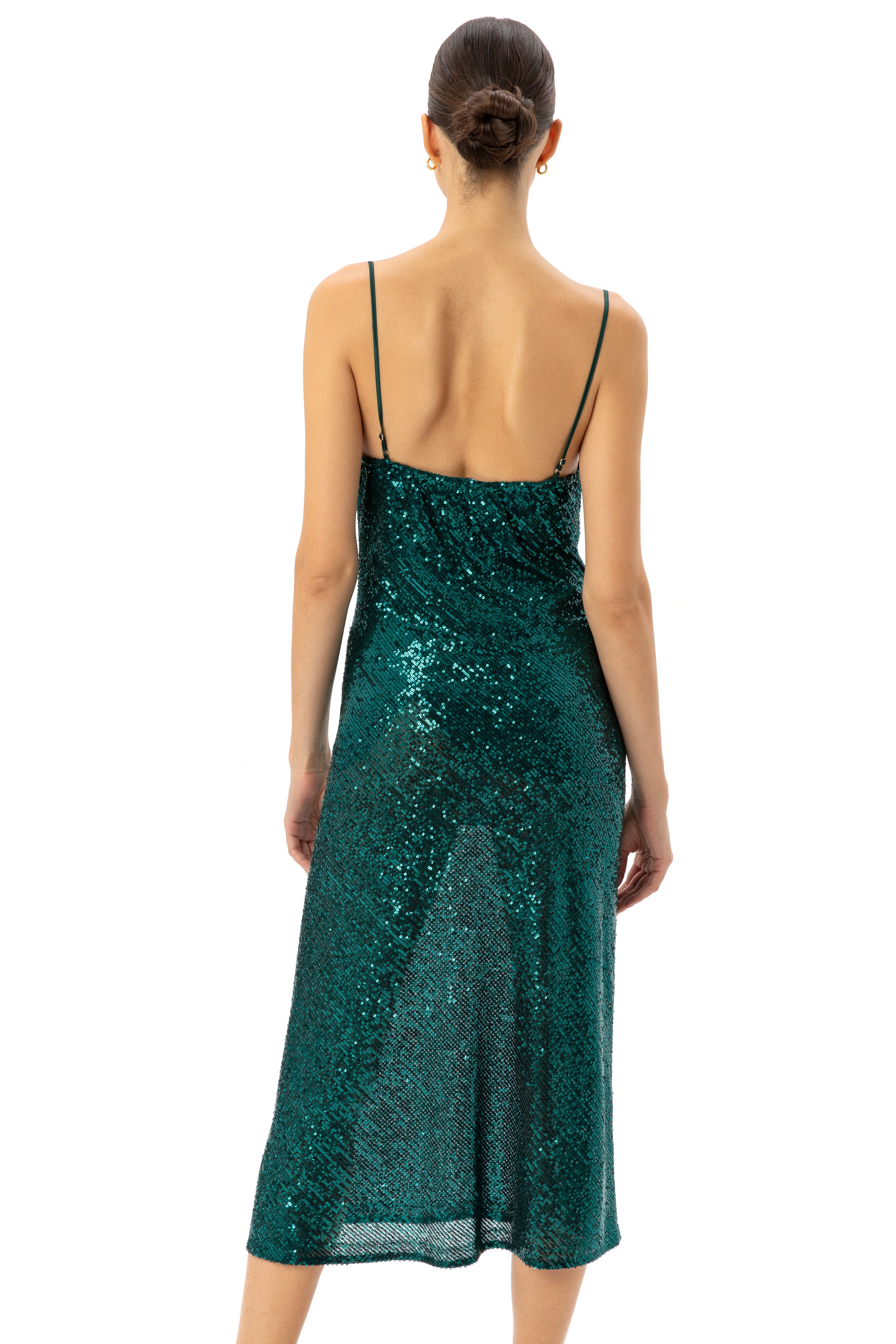 Degage Neckline Sequined Slit Dress