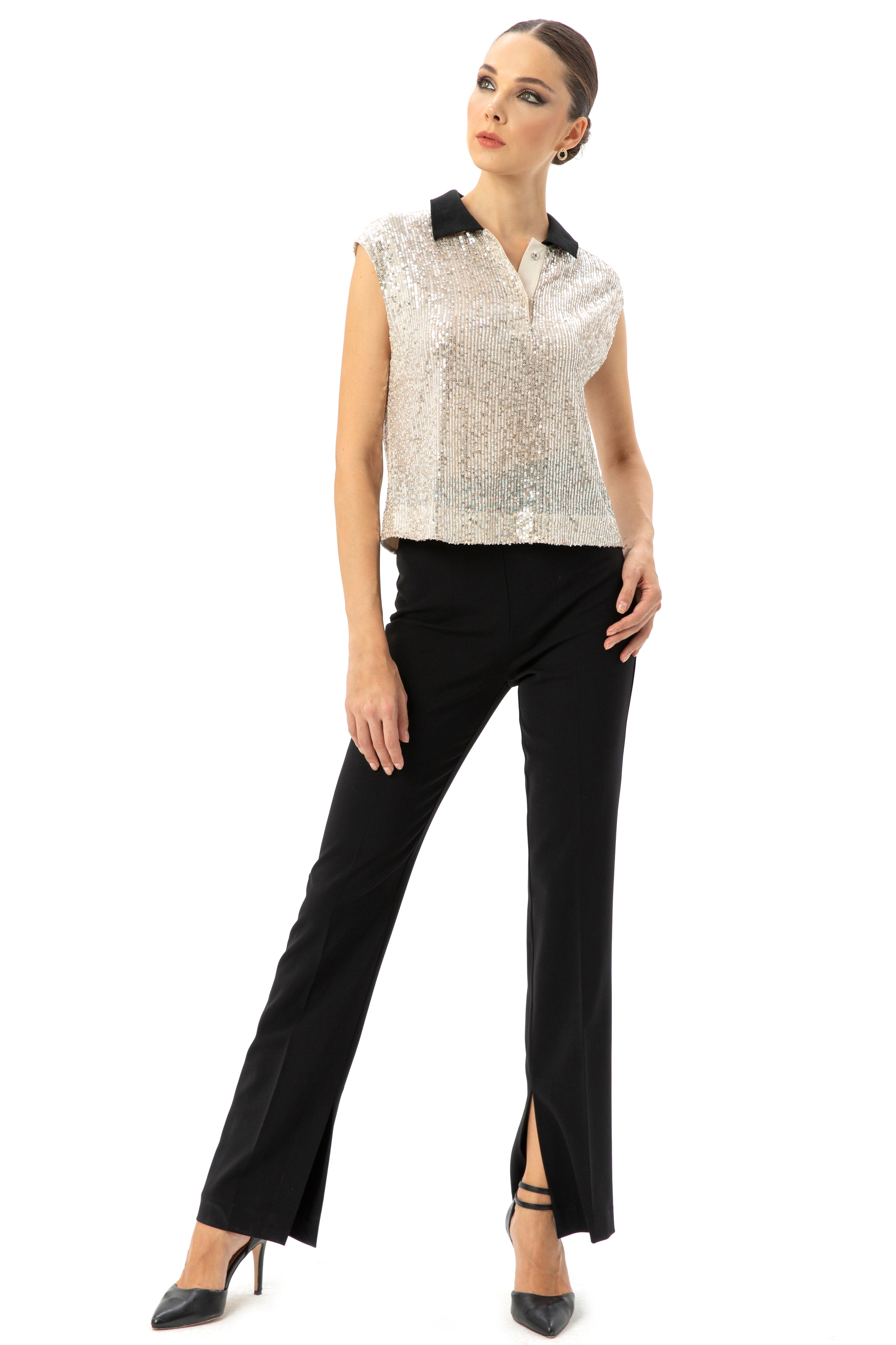 Ribbed Collar Sequin Blouse