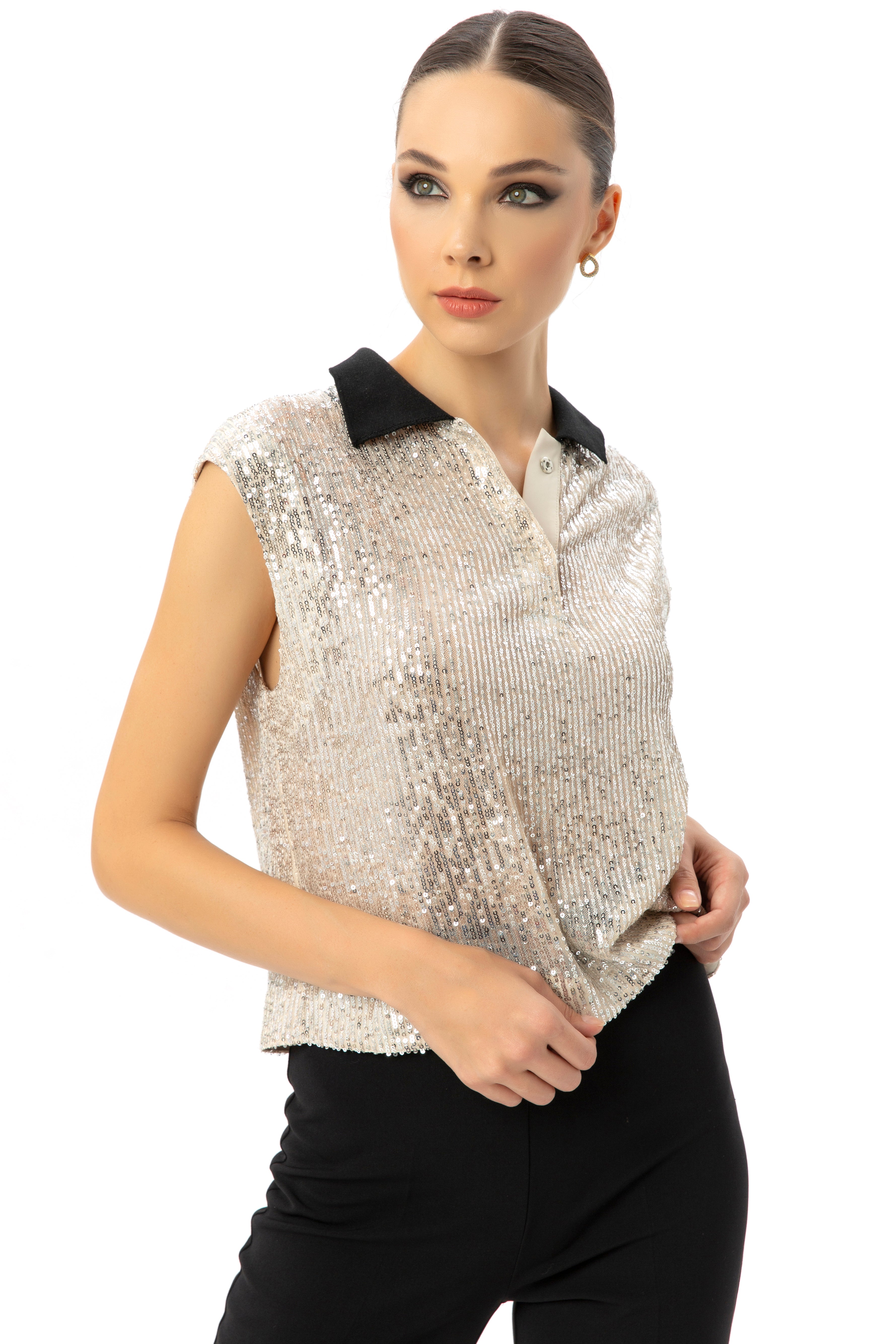 Ribbed Collar Sequin Blouse