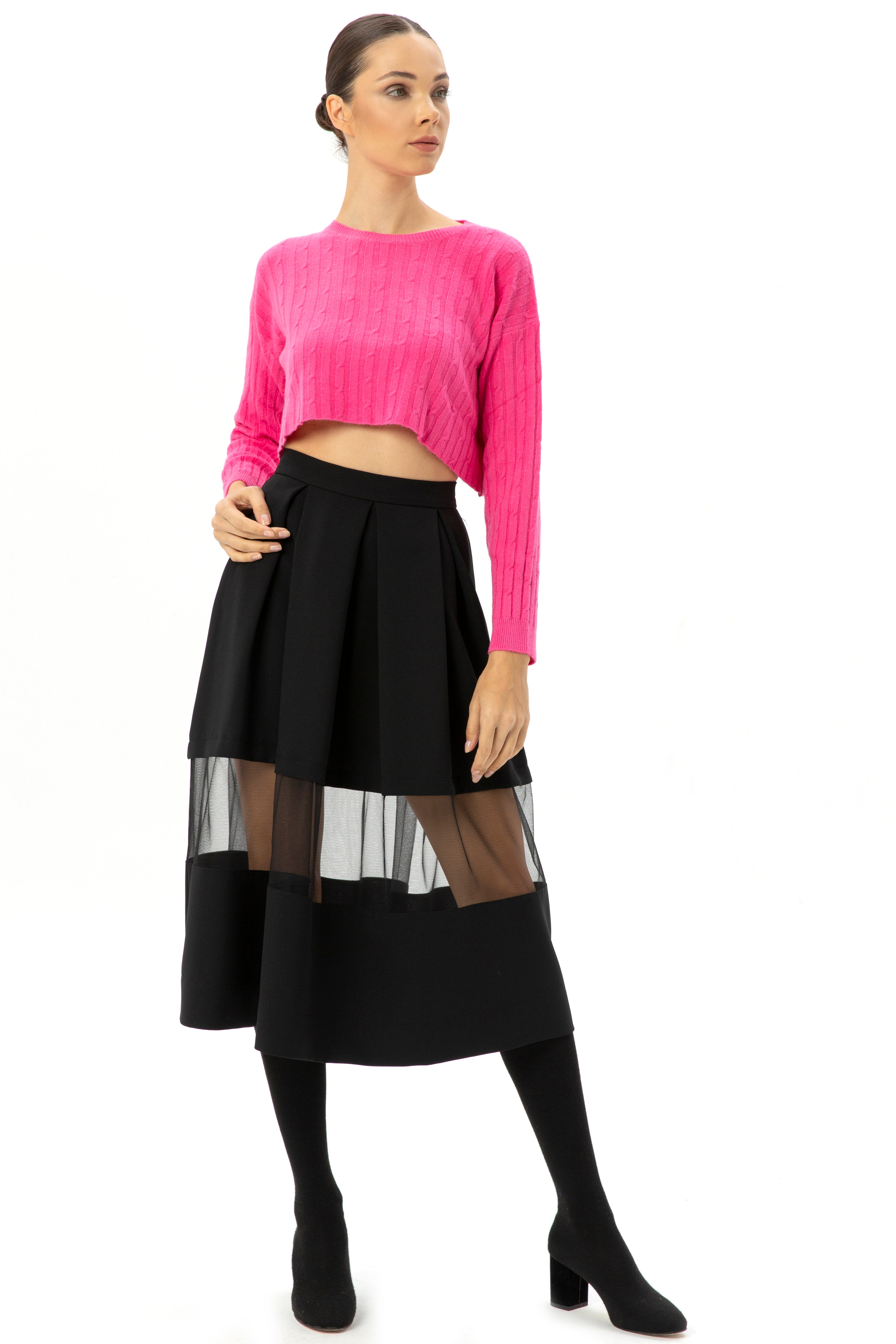 Midi Length Skirt With Tulle Detail
